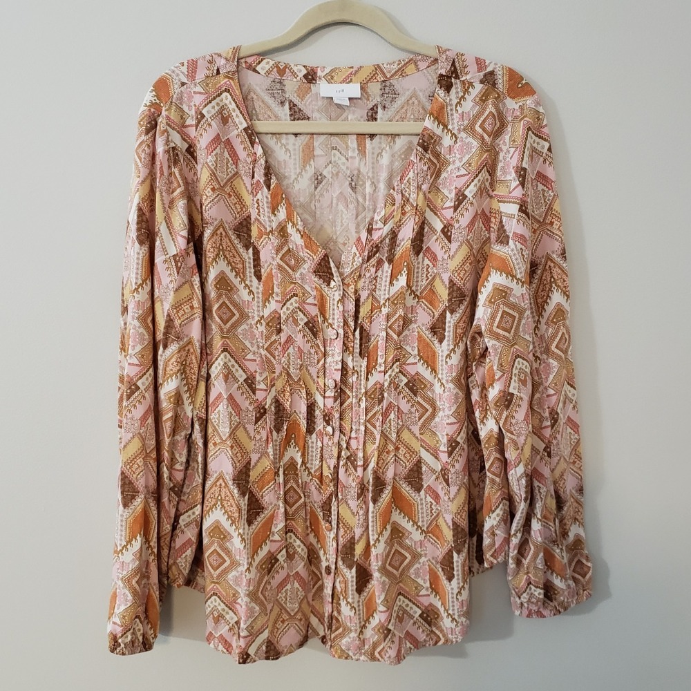 J Jill Button Upβ Tunic Top SIZE LG PET Boho Flowy Geometric Puff Sleeve